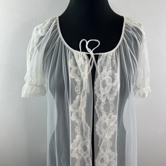 Vintage Movie Star White Sleep Robe Sheer Floral Lace Scoop Neck Tie Sz S Small - Picture 4 of 12